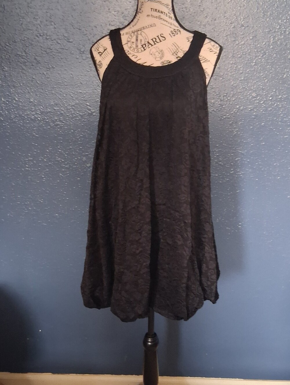 Womens Black Lace Inlayed Bubble Hem Mini Dress Large